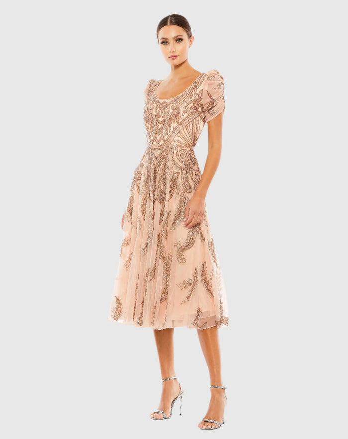 Beige Short Sleeve Beaded A-line Tea Length Dress - Mac Duggal