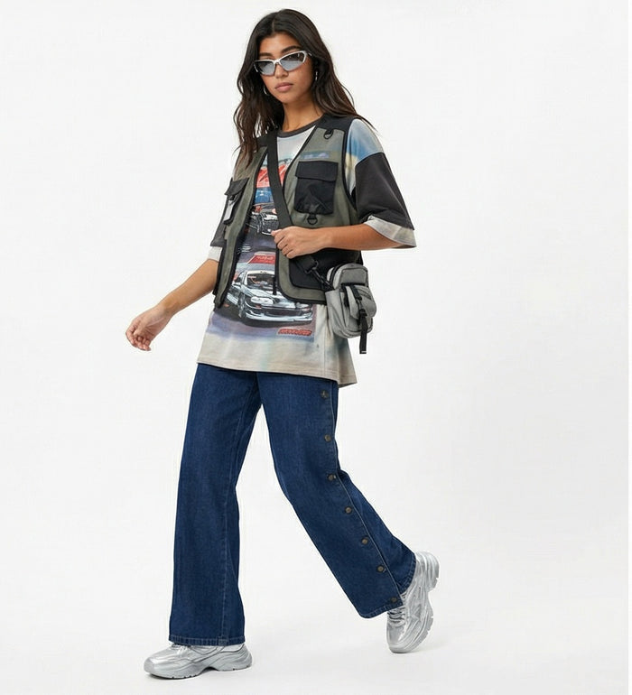 Side Button Detail Wide Leg Denim Jeans - R216412