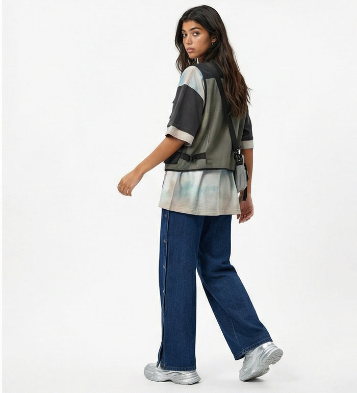 Side Button Detail Wide Leg Denim Jeans - R216412
