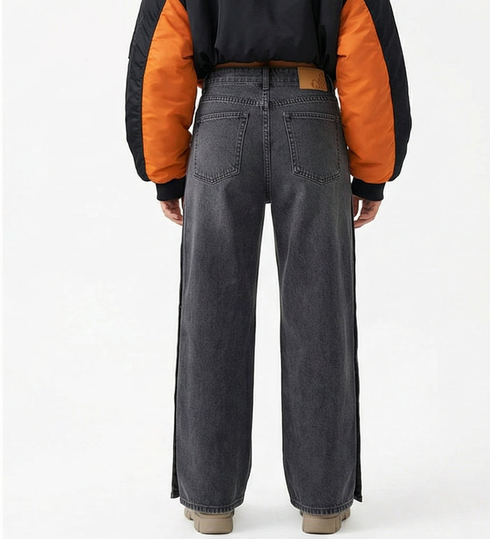 Side Button Wide-Leg Charcoal Denim Jeans - R216413