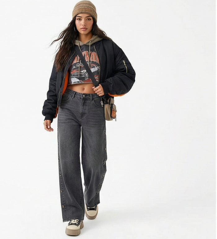 Side Button Wide-Leg Charcoal Denim Jeans - R216413