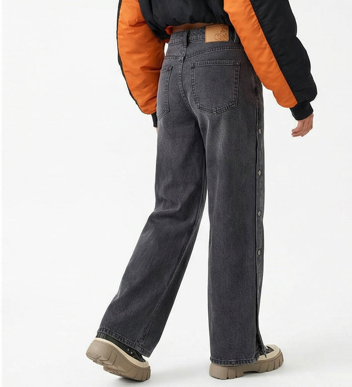 Side Button Wide-Leg Charcoal Denim Jeans - R216413