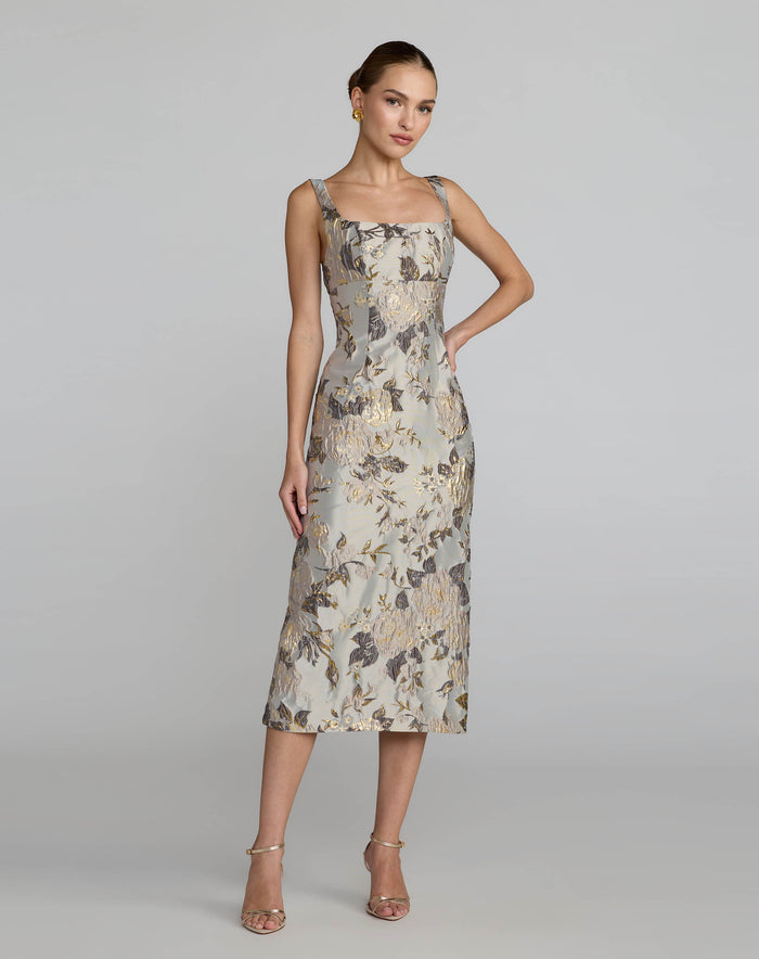 Silver Floral Square Neck Midi Dress - Mac Duggal
