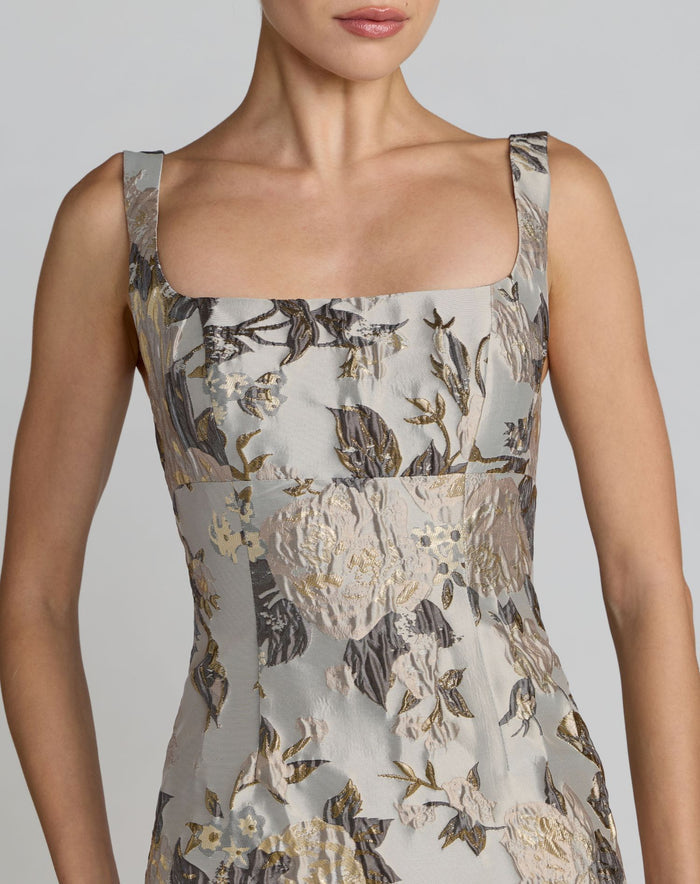 Silver Floral Square Neck Midi Dress - Mac Duggal