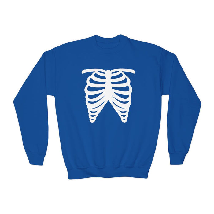 royal blue sweatshirt with bold white skeleton rib cage design for kids halloween