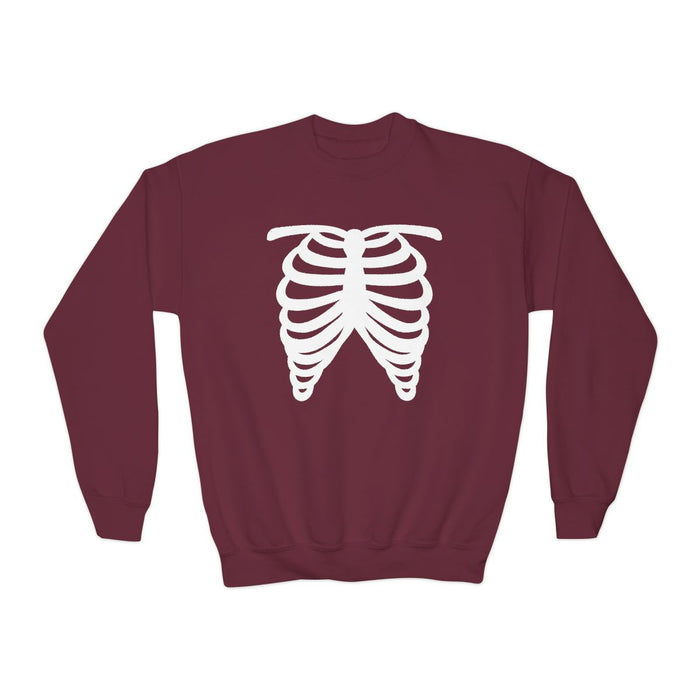 maroon kids sweatshirt with spooky skeleton rib cage print