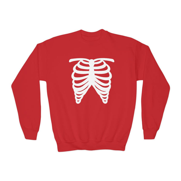 red kids sweatshirt skeleton rib cage funny halloween design