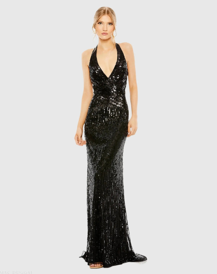 Black Sleeveless Faux Wrap Sequin Embellished Cut Out Back Gown - Mac Duggal