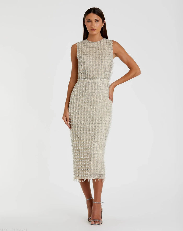 Beige Sleeveless High Neck Beaded Midi Sheath Dress - Mac Duggal