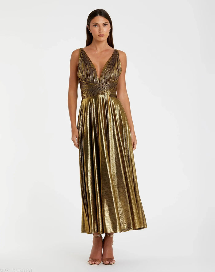 Gold Sleeveless V Neck Pleated Top Metallic Dress - Ieena for Mac Duggal