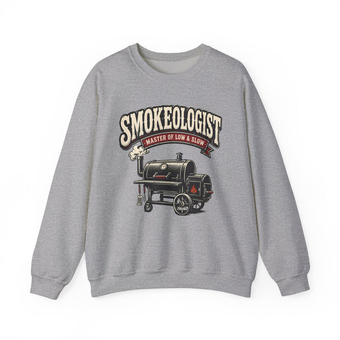 sport grey sweatshirt with smokeologist master of low and slow bbq design for dad