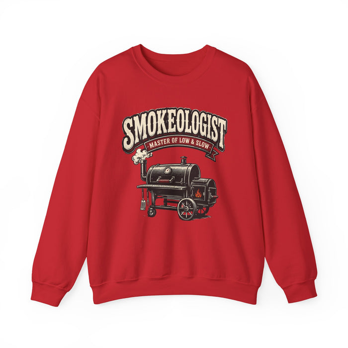 white sweatshirt with smokeologist funny smoking design for barbecue lovers