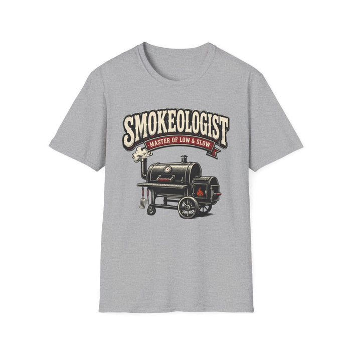 light blue t-shirt with smokeologist master of low and slow bbq pitmaster design