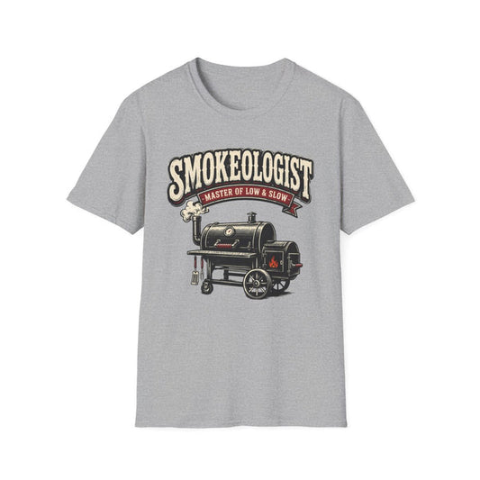 light blue t-shirt with smokeologist master of low and slow bbq pitmaster design