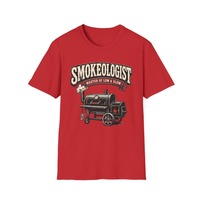 red t-shirt with smokeologist funny bbq design for dad