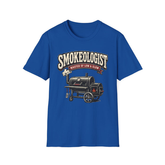 white t-shirt with smokeologist pitmaster graphic