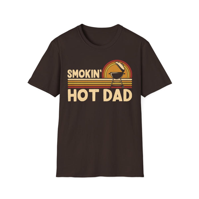 red t-shirt with bold smokin' hot dad BBQ print