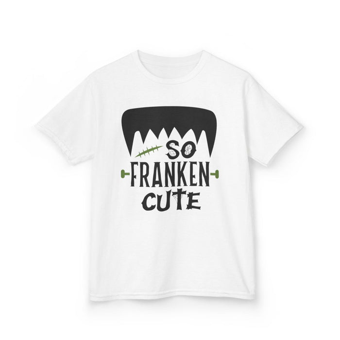 white kids t-shirt with So Franken Cute Frankenstein halloween design