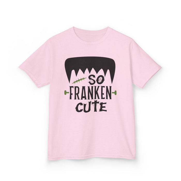 light pink kids t-shirt with So Franken Cute monster halloween print