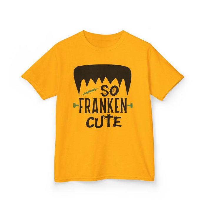 gold kids t-shirt with funny So Franken Cute halloween graphic