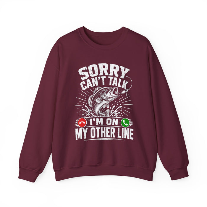 navy sweatshirt with angler humor graphic design