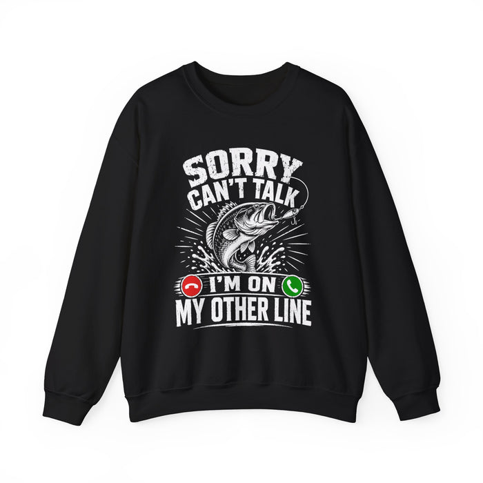 forest green sweatshirt with sorry can't talk fishing slogan
