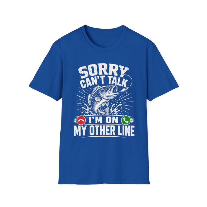 black t-shirt with sorry can't talk i'm on my other line fishing design