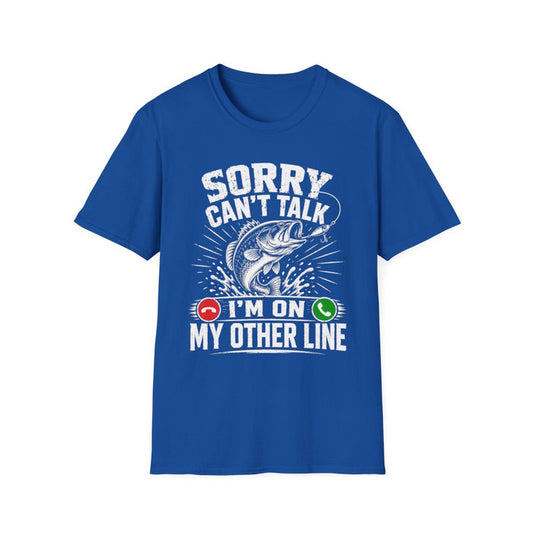 black t-shirt with sorry can't talk i'm on my other line fishing design