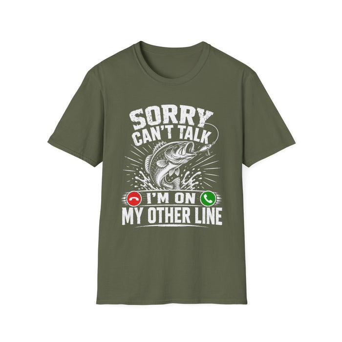 red t-shirt with angler joke saying printed on front