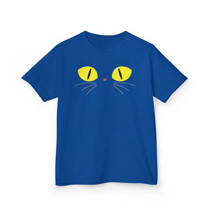 navy kids t-shirt featuring glowing cat eyes minimalist halloween graphic