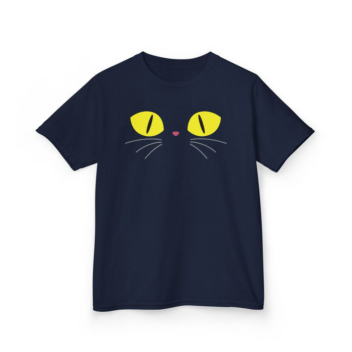 royal blue t-shirt with spooky cat eyes design perfect for kids halloween parties