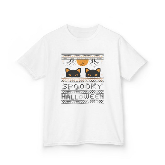light pink kids t-shirt with cute black cat spooky season print