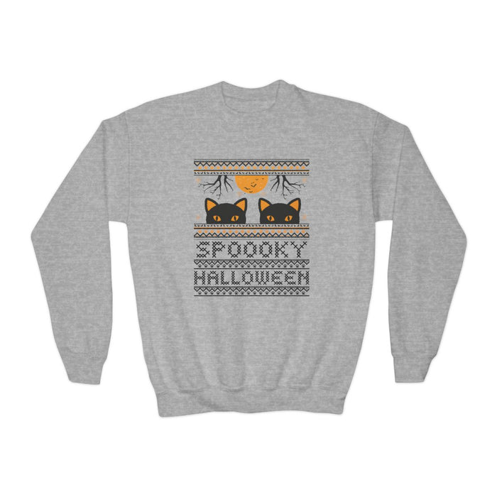 white kids sweatshirt with spooky black cat halloween design