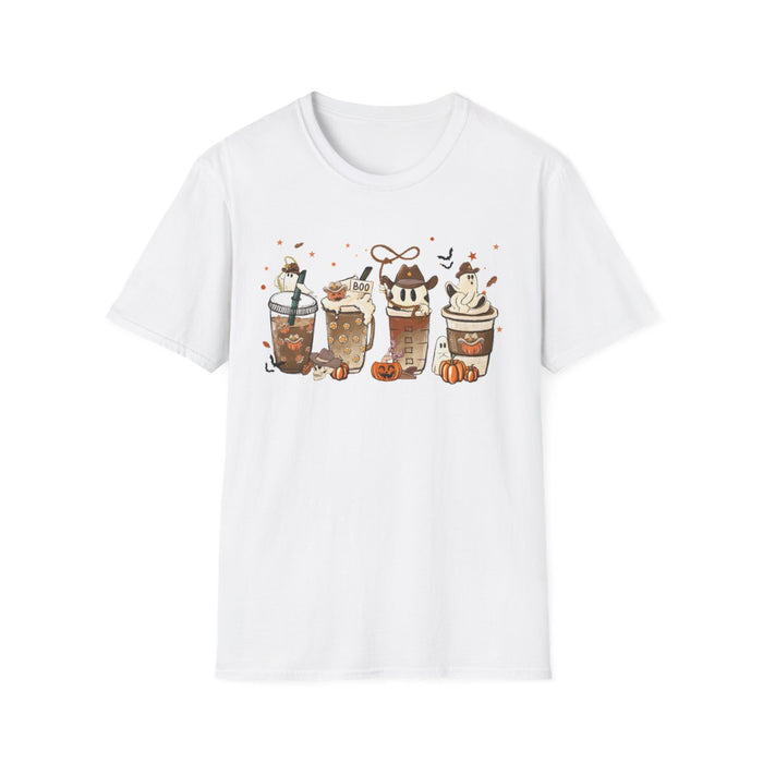 light blue t-shirt with spooky halloween coffee drinks and ghost design