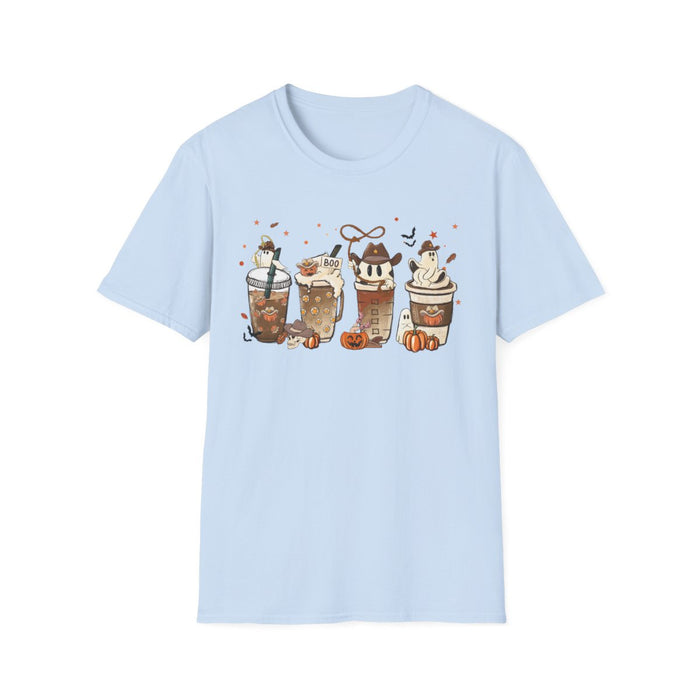 white t-shirt with halloween coffee graphic and pumpkin accents detail