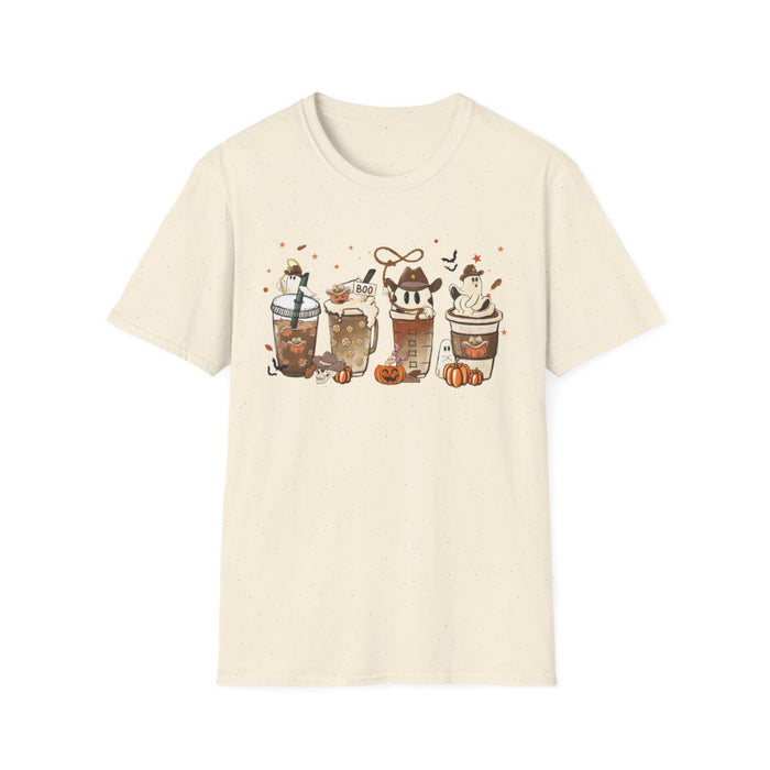 natural t-shirt with ghost-themed fall beverages print