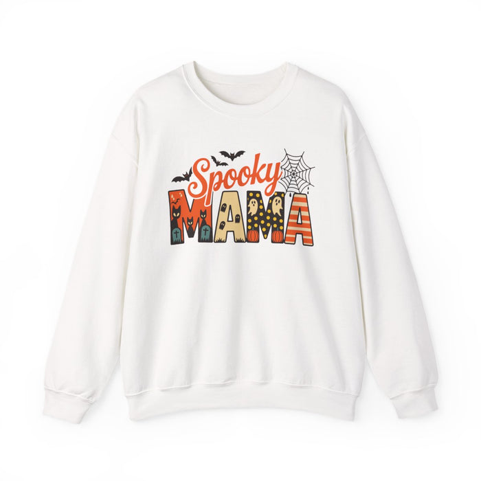 light pink sweatshirt with spooky mama halloween design featuring bats pumpkins and ghosts