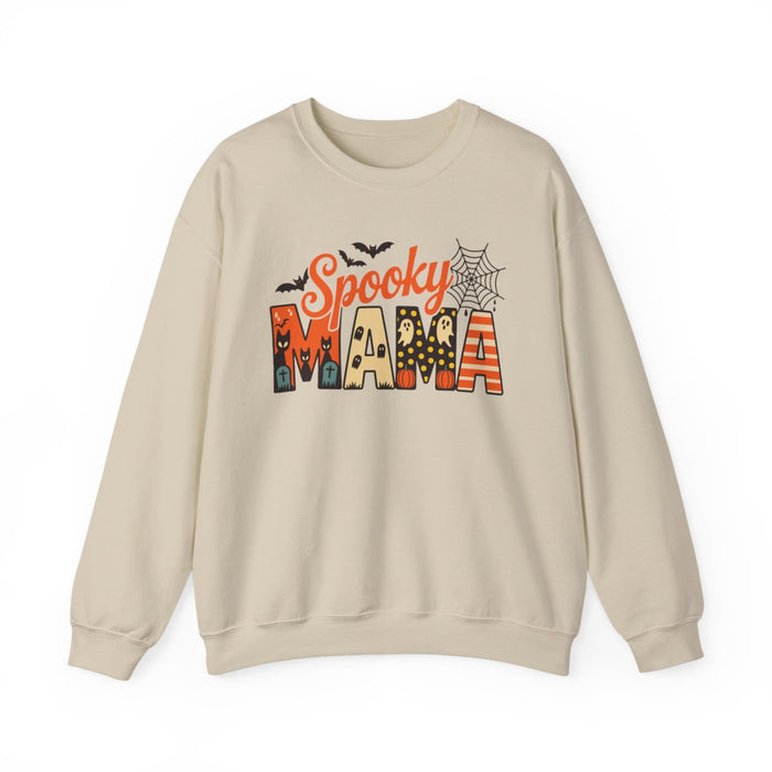 sport grey sweatshirt with spooky mama halloween lettering and spiderweb details