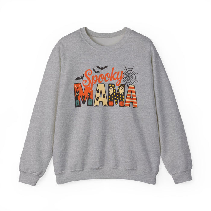 white sweatshirt with spooky mama halloween design for moms