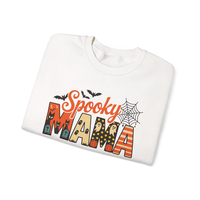 spooky mama halloween sweatshirt showing bold printed design in multiple colours