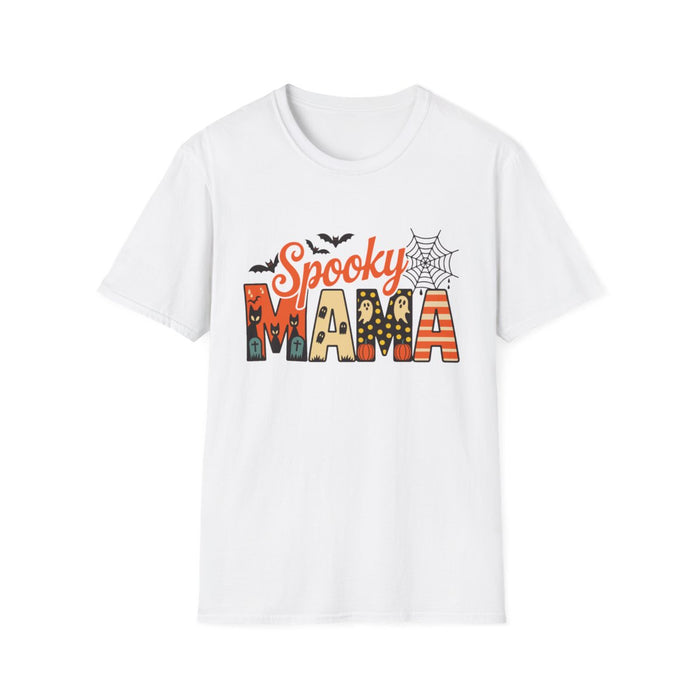 light blue t-shirt with spooky mama ghost pumpkin and bat halloween design