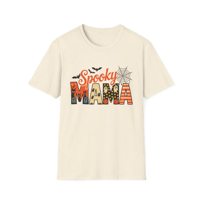 white t-shirt with spooky mama colorful halloween typography and graphics