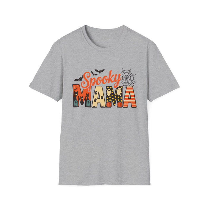 sport grey t-shirt with spooky mama pumpkin ghost and spiderweb halloween print