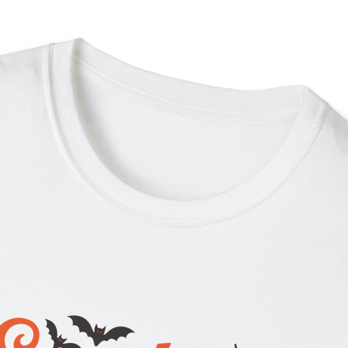 light blue spooky mama halloween t-shirt detail showing front print design
