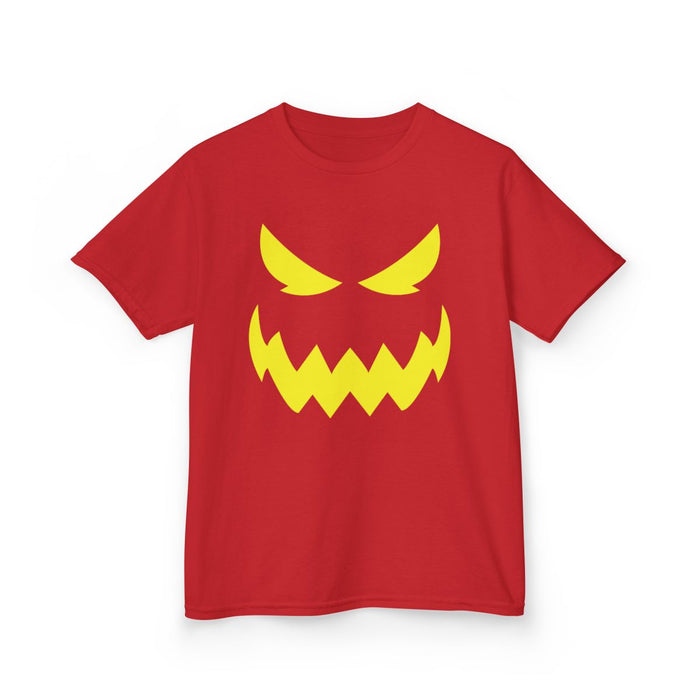 red kids t-shirt featuring sharp-eyed monster graphic with jagged teeth