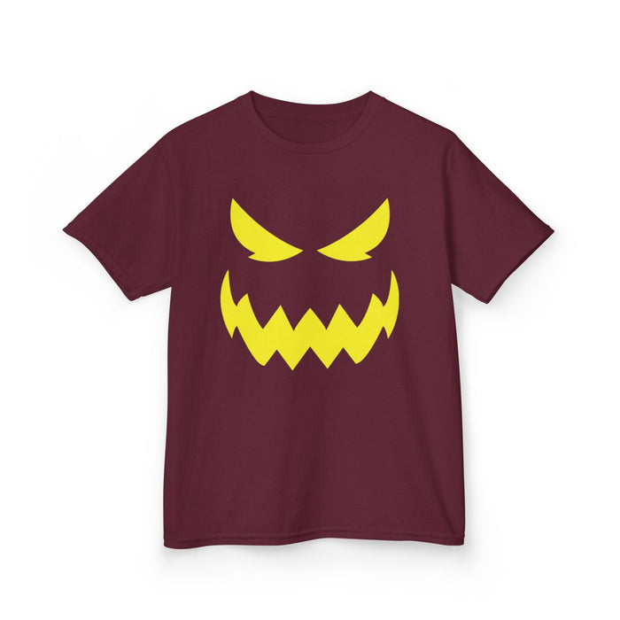 maroon kids t-shirt showing detailed glowing monster face halloween graphic