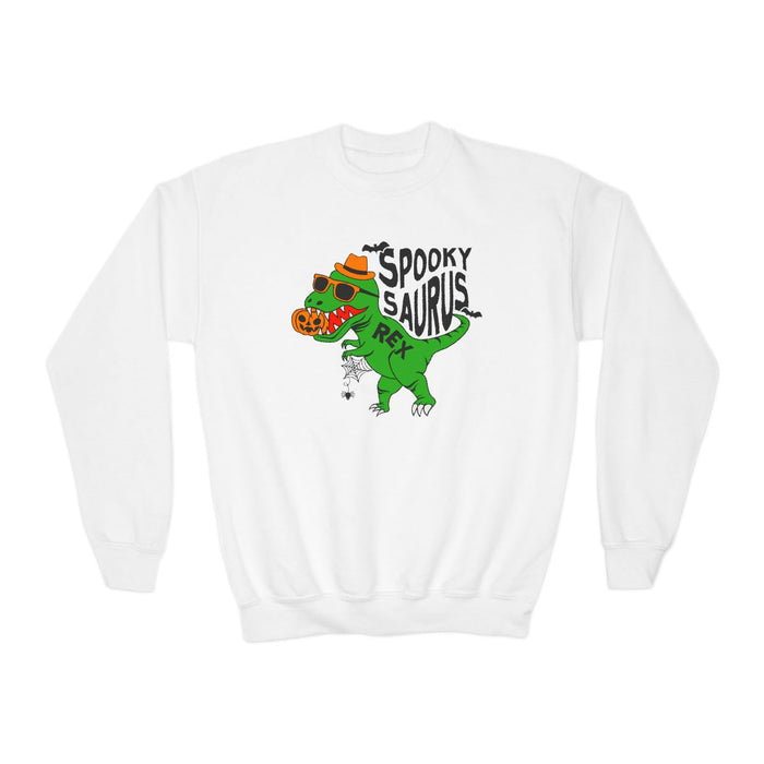 white kids sweatshirt with spooky saurus rex dinosaur halloween design