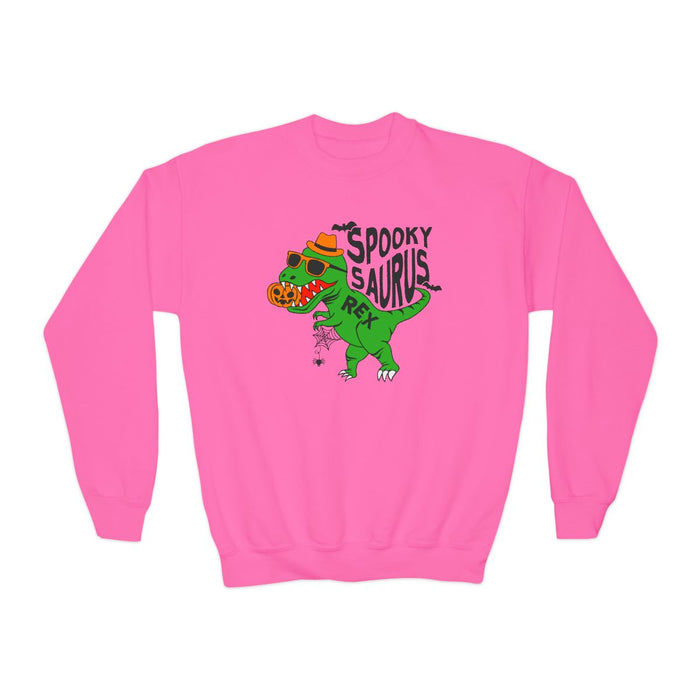 sport grey kids sweatshirt featuring spooky dinosaur graphic with halloween details