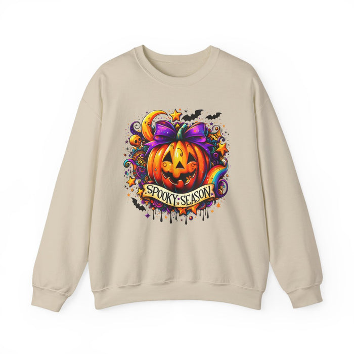 sport grey sweatshirt with vibrant spooky season pumpkin jack-o'-lantern design