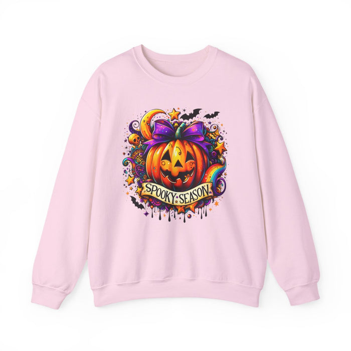 white sweatshirt with bold spooky season pumpkin halloween print